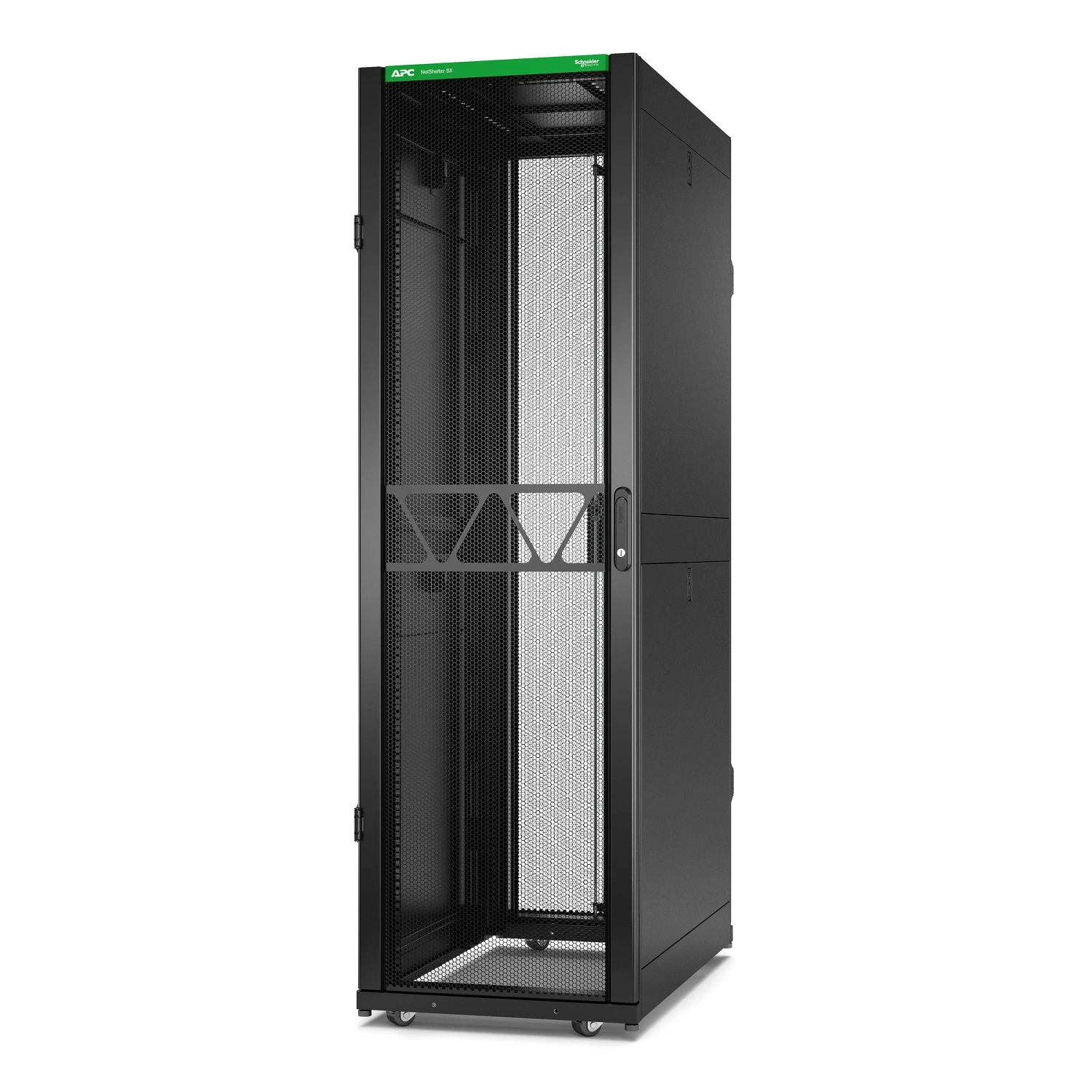 Rack APC NetShelter SX Gen 2 AR3100B2, vista frontal en perspectiva con puerta cerrada y panel lateral