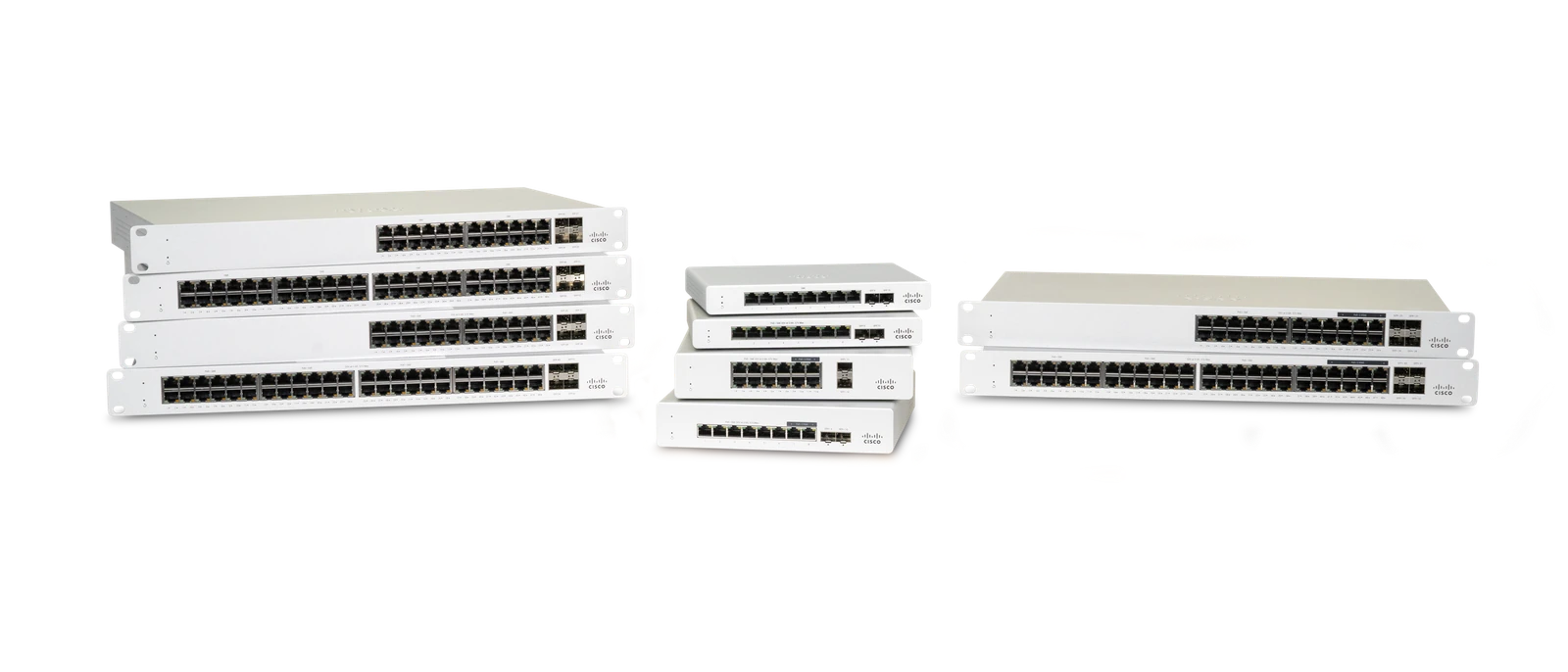 Fotografía oficial de distintos switches de la familia Cisco Meraki MS130, agrupados por formato y número de puertos