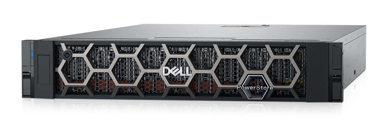 Almacenamiento Dell PowerStore 3200T, vista frontal en perspectiva del equipo con bisel