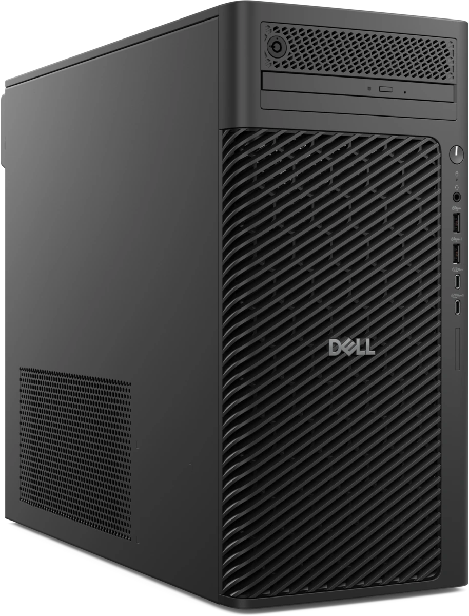 Workstation Dell Pro Max Tower T2 de torre, vista frontal y lateral