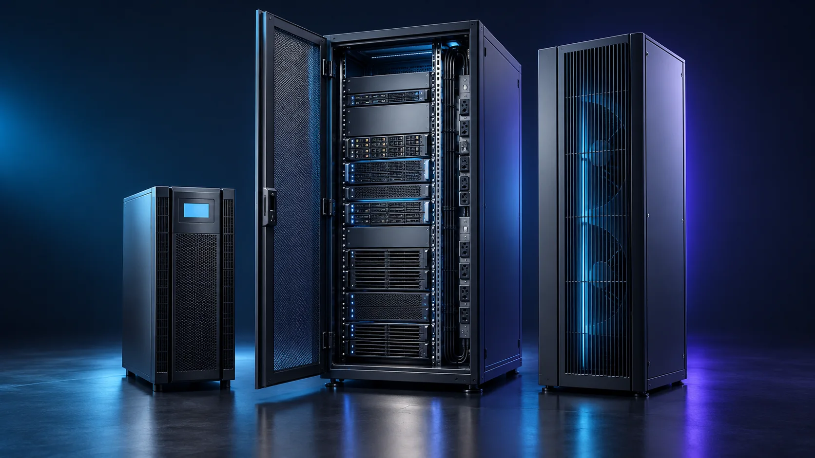 Ilustración de un rack con equipos, una unidad de respaldo de energía y un gabinete de refrigeración.