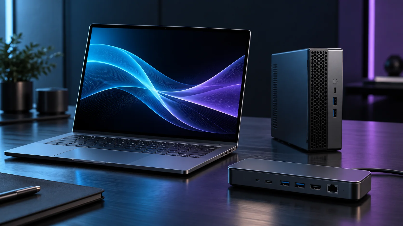Ilustración de una laptop empresarial, una computadora compacta y una estación de conexión.