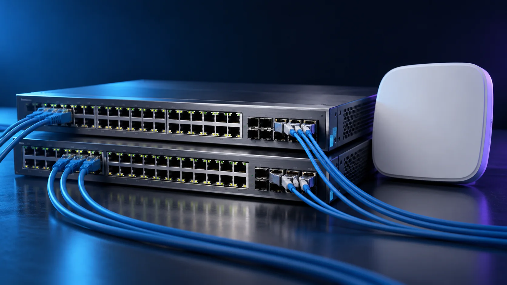 Ilustración de switches empresariales con cables de red y un punto de acceso inalámbrico.