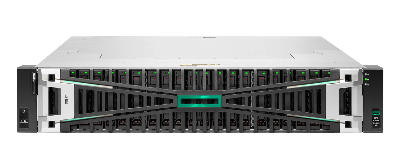 Sistema de almacenamiento HPE Alletra Storage MP B10000, vista frontal en perspectiva con bisel