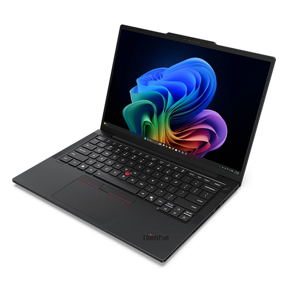 Laptop Lenovo ThinkPad T14s Gen 7 Intel abierta, vista frontal izquierda con teclado y pantalla
