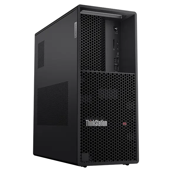 Workstation Lenovo ThinkStation P3 Tower Gen 2 de torre, vista frontal y lateral izquierda