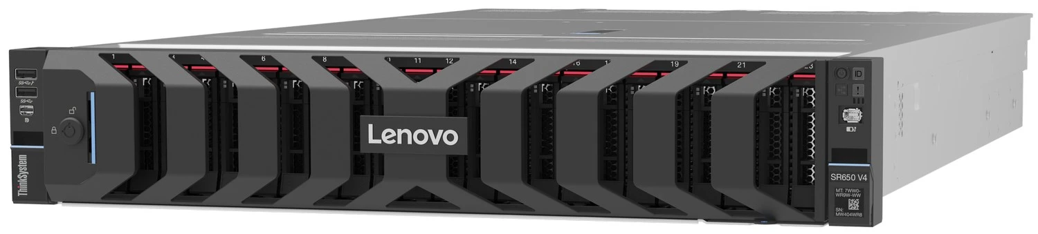 Servidor Lenovo ThinkSystem SR650 V4 de rack, vista frontal en perspectiva con bisel de seguridad opcional