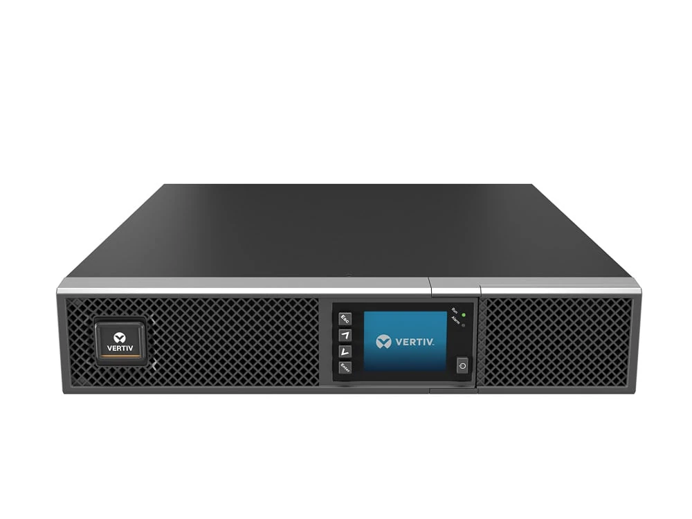 UPS Vertiv Liebert GXT5-500LVRT2UXL, vista frontal y superior en posición horizontal con pantalla LCD